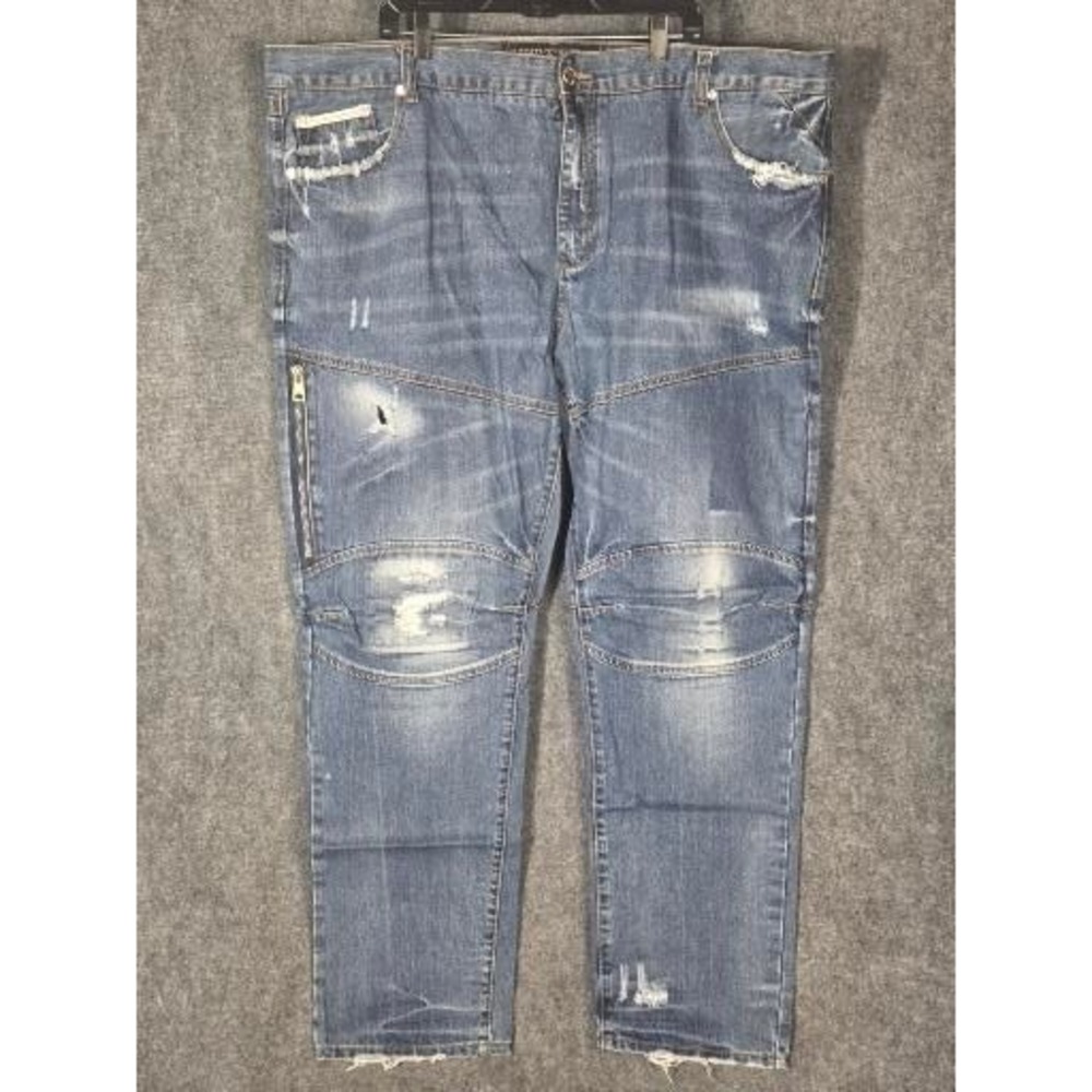 Heritage America Mens Jeans W46 L34‎ Moto Biker Denim Distressed Zip Fly Blue